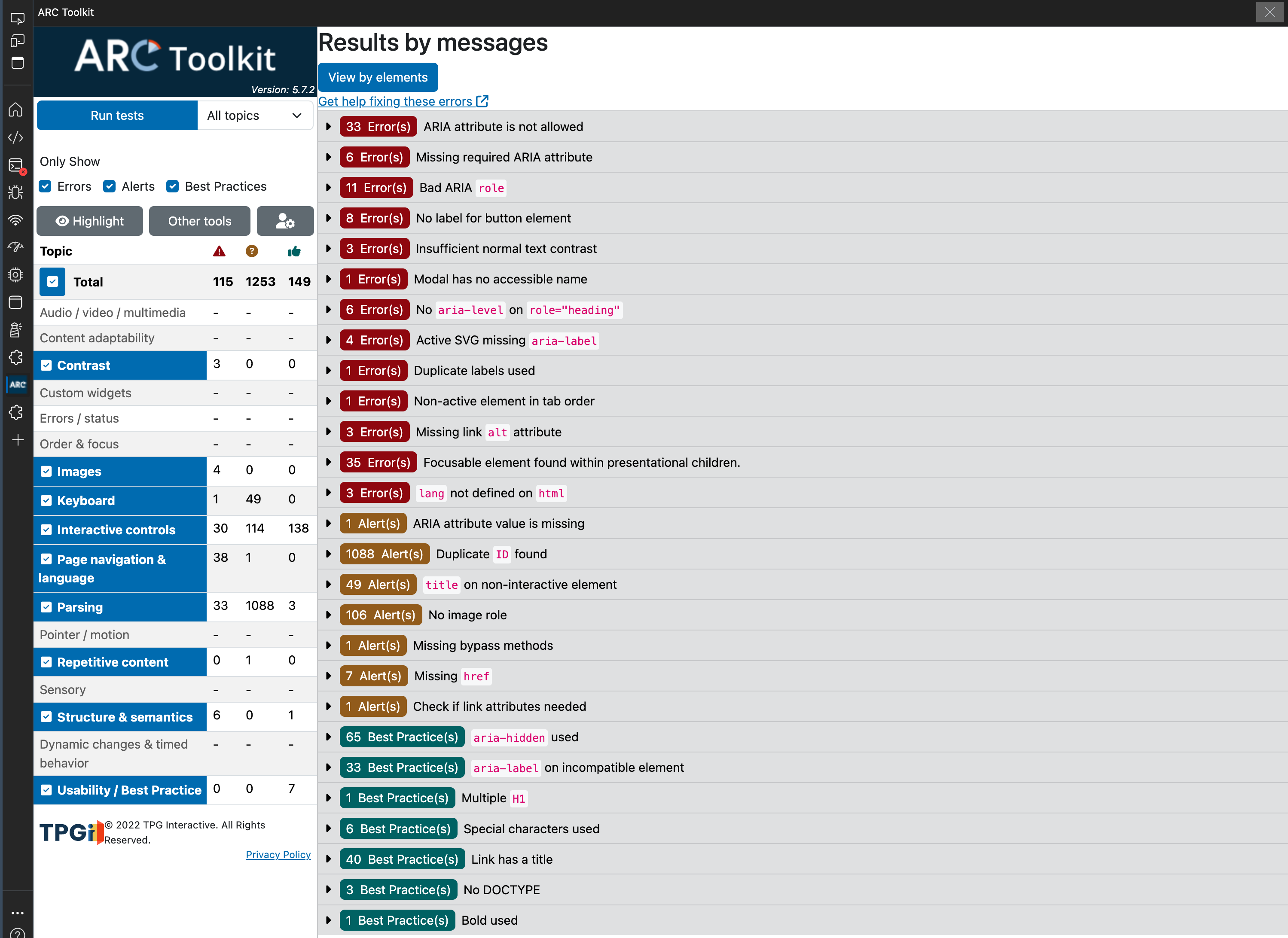 Screenshot showing results of the ARC Toolkit. With a list of issues classified by errors, alerts and best practice.