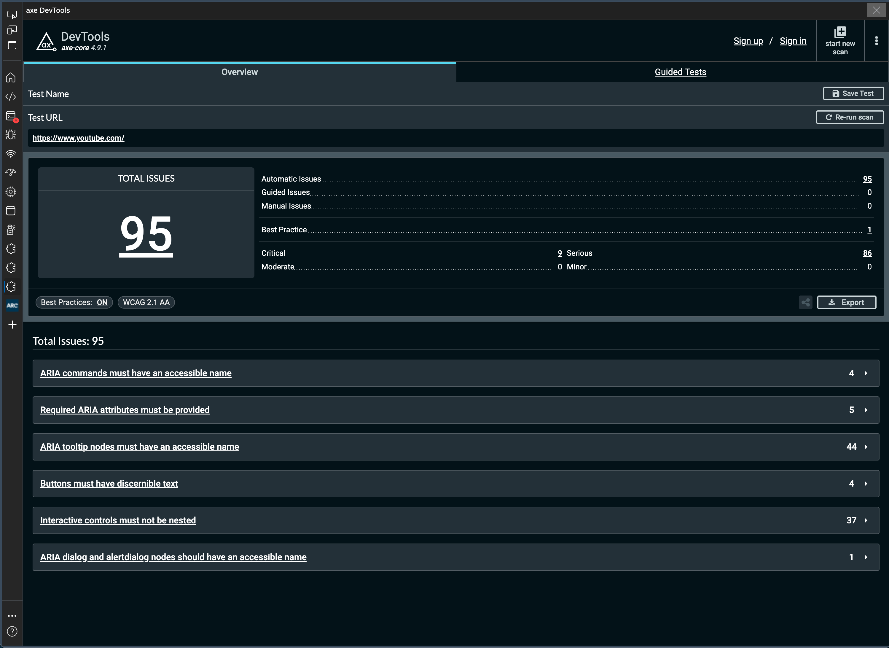 Screenshot showing results of the axe devtools Toolkit. With a list of issues classified by errors, alerts and best practice.