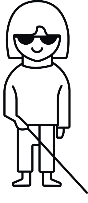 Line drawing of a person with dark glasses and a cane representing blindless