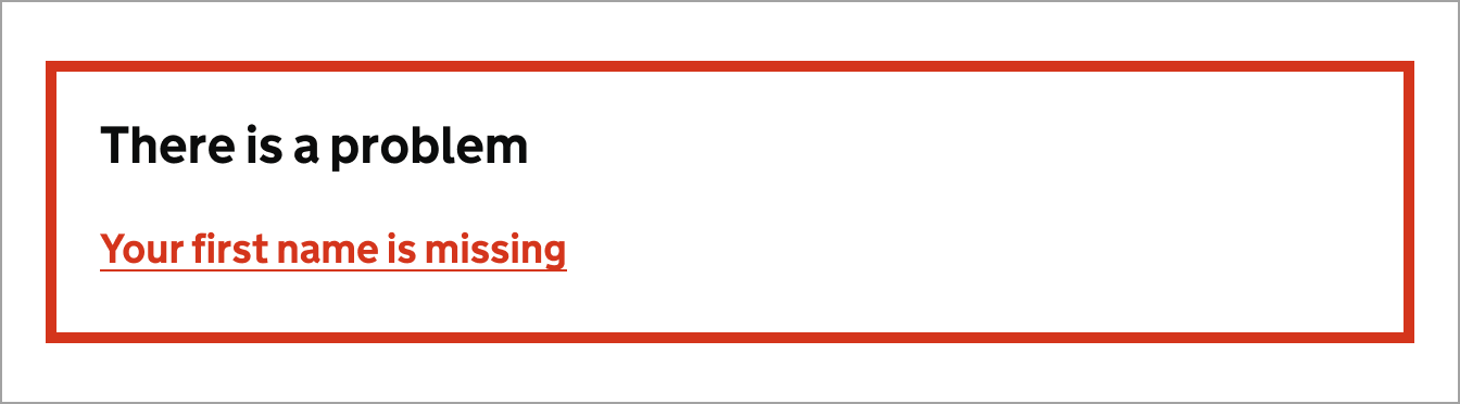 The words, 'There is a problem', and the message, 'Your first name is missing' in red text