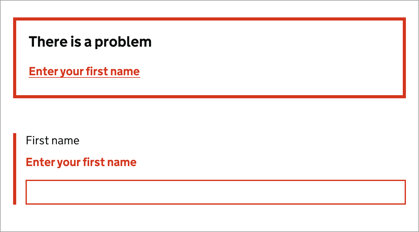 The words, 'There is a problem', and the message, 'Your first name is missing' in red text