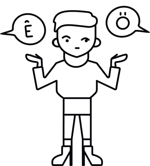 Line drawing of a person with speech bubbles with non-English characters shown