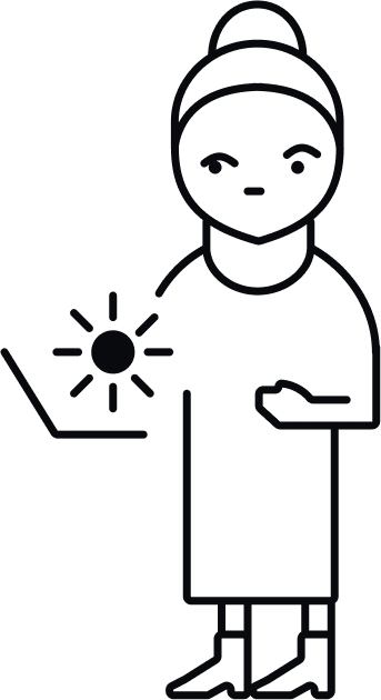 Line drawing of an person holding a device with the sun shining off the screen