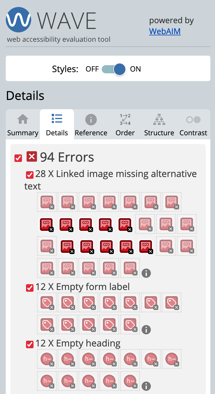 Screenshot showing results of the WAVE Evaluation tool. With a list of issues classified by errors, alerts and best practice.