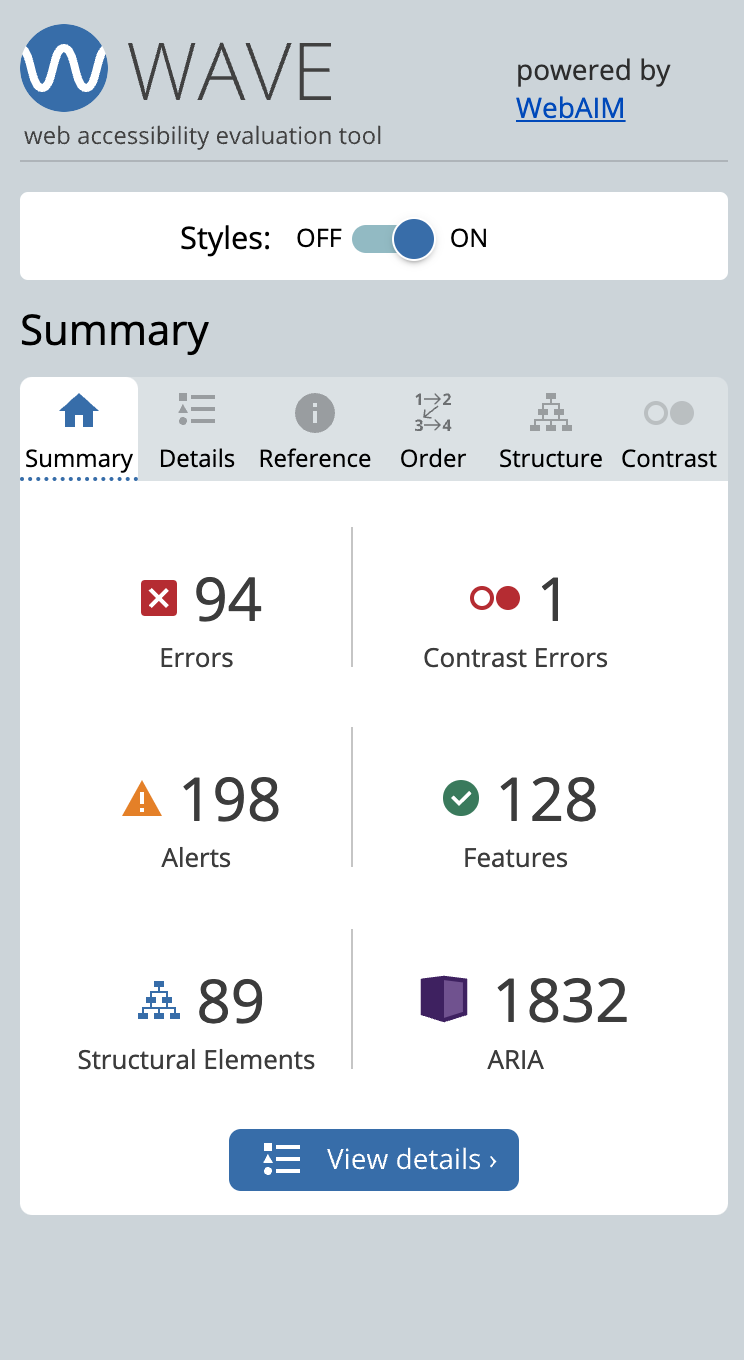 Screenshot showing results of the WAVE Evaluation tool. With a list of issues classified by errors, alerts and best practice.