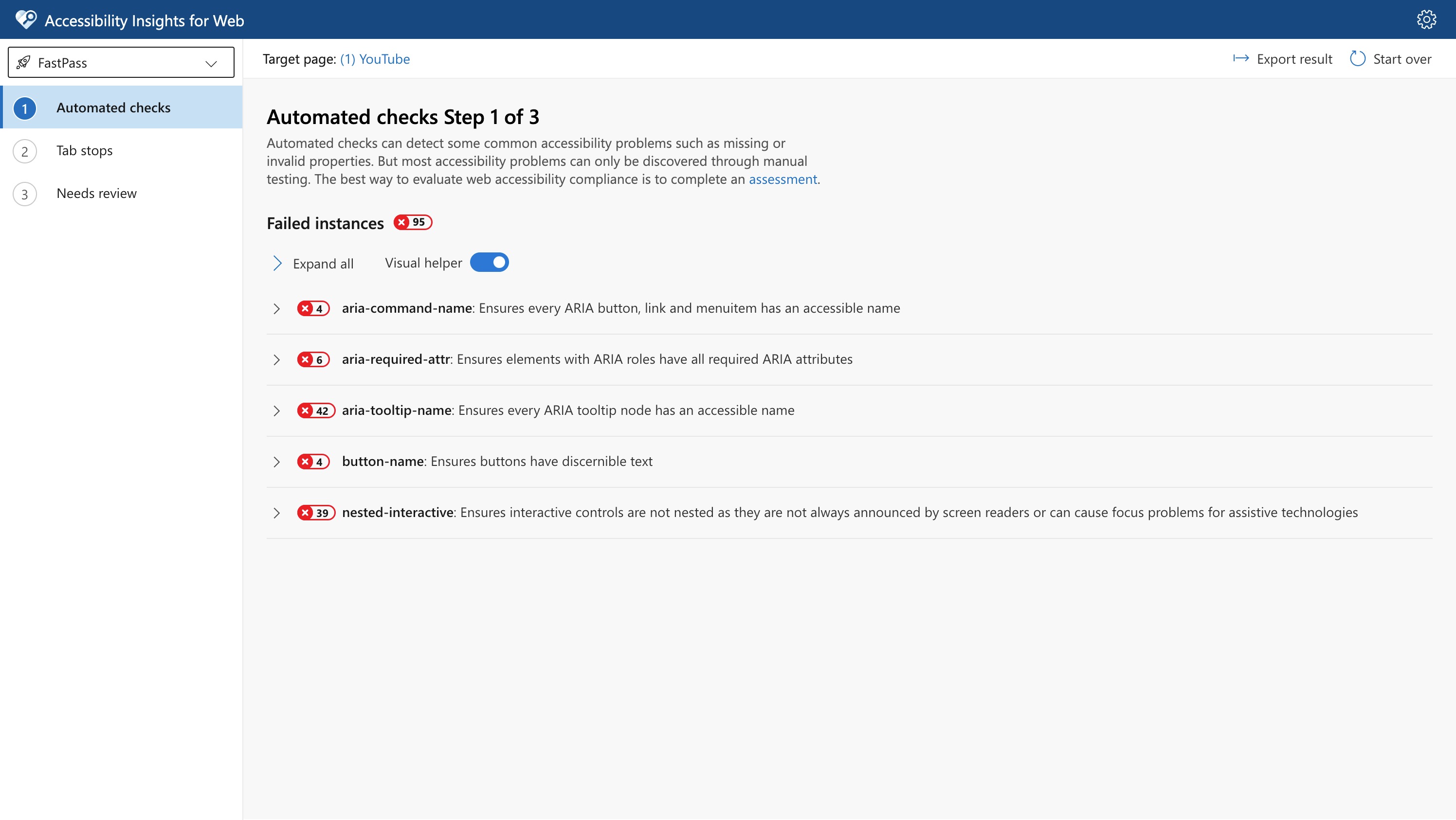 Automated checks from the fast pass tool showing 95 failed instances.