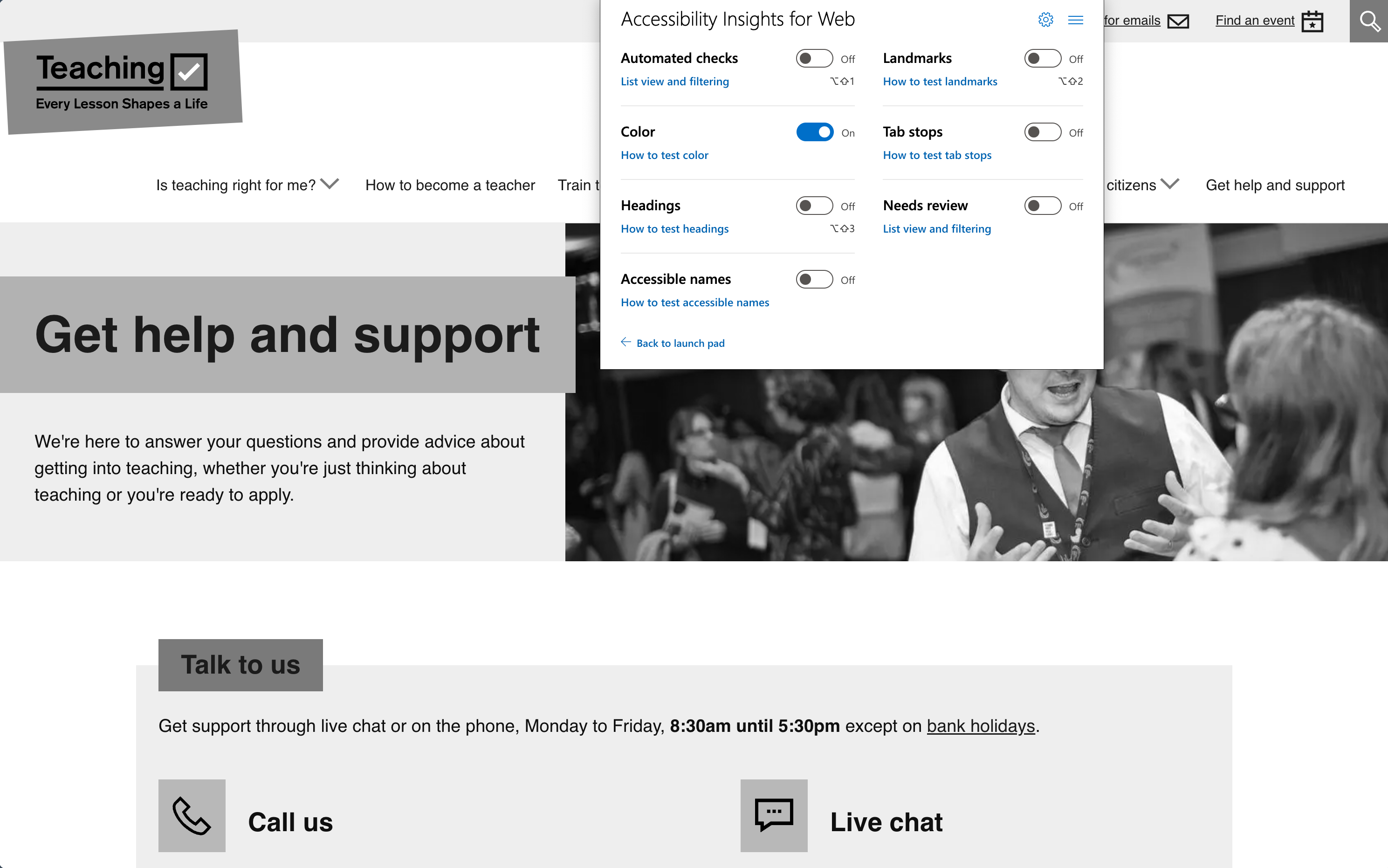 A greyscale image of the get into teaching home page, accessibility insights running in a tab which shows the colour test running.