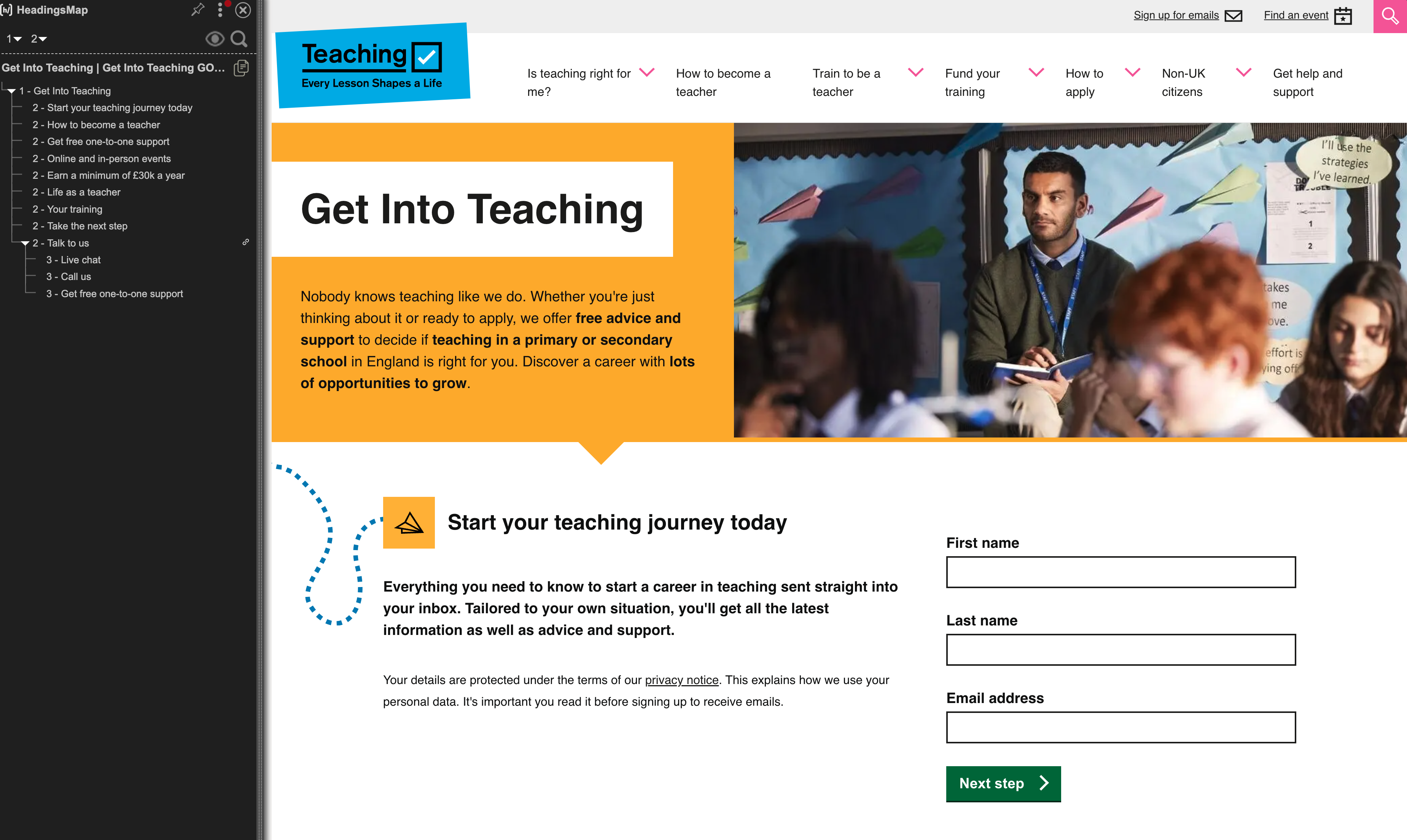 Screenshot showing HeadingMap tool showing the list of headings on Get into teaching, with heading structure listed.